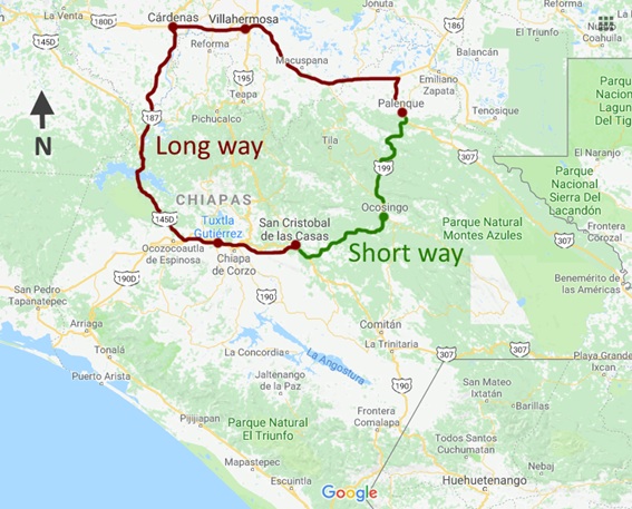 Map of the road from Palenque to San Cristobal Chiapas Mexico